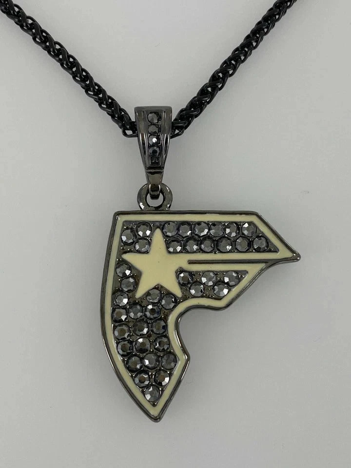GUNMTAL COLOR FAMOUS STARS & STRAPS CZ PENDANT + 18" STAINLESS STEEL NECKLACE
