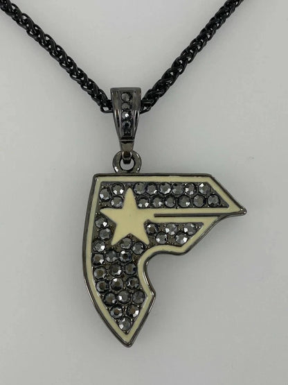 GUNMTAL COLOR FAMOUS STARS & STRAPS CZ PENDANT + 18" STAINLESS STEEL NECKLACE