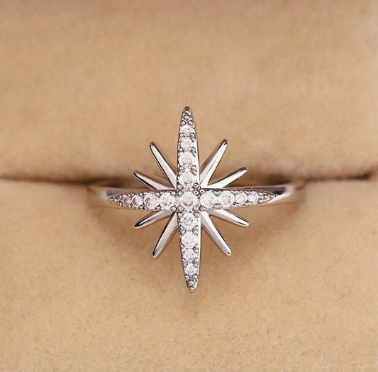 1.40 CT Round Simulated Diamond Women Star Engagement Ring 14K White Gold Plated