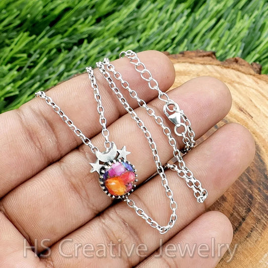 Moon and Star Kingman Pink Dahlia Turquoise 925 Sterling Silver Necklace Jewelry