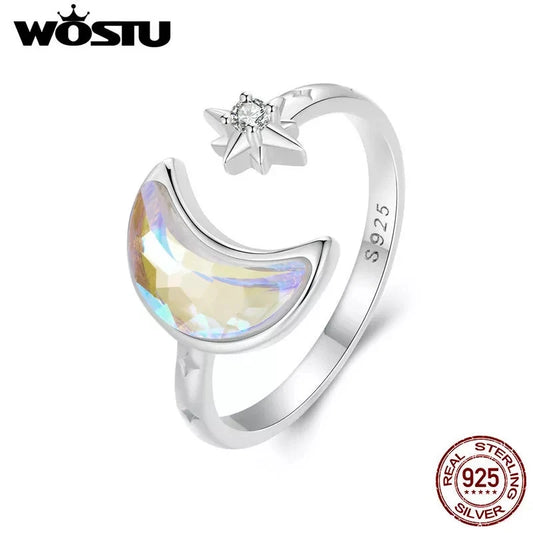 Wostu 925 Sterling Silver Moon star Open Finger Wedding Ring Women Gift Jewelry
