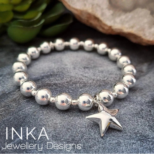 925 Sterling Silver CHUNKY Bracelet 8mm Beaded Stretch STAR Stacker By INKA