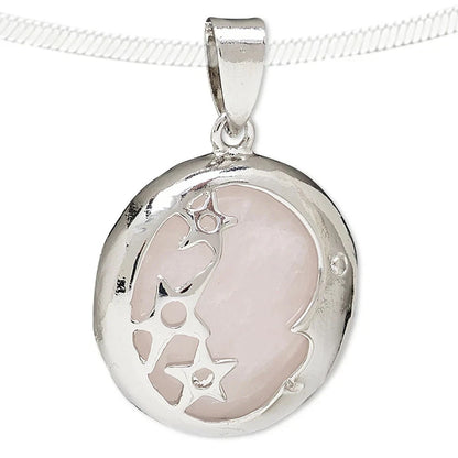 Gemstone Necklace Moon Stars Rose Quartz Pendant 18 inch Chain Gift Boxed