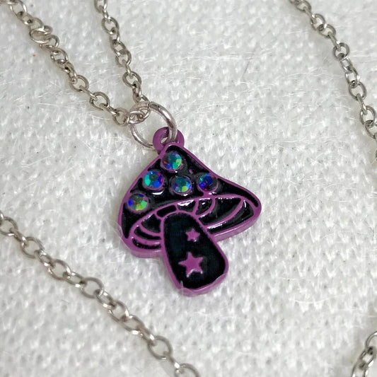 Black Toadstool on a Silver Tone Necklace w/ Rhinestones & Purple Stars - 18"