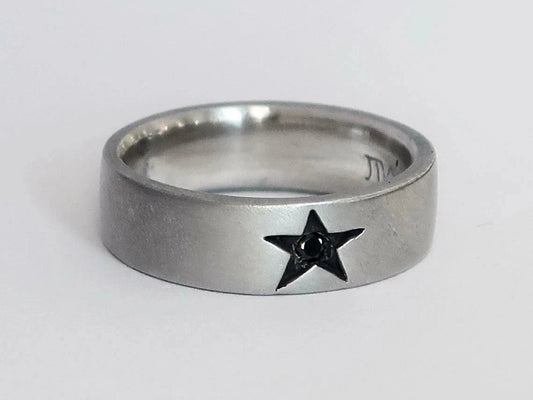 Sterling Silver Star Ring with Natural Briliant Black Diamond Limited Edition