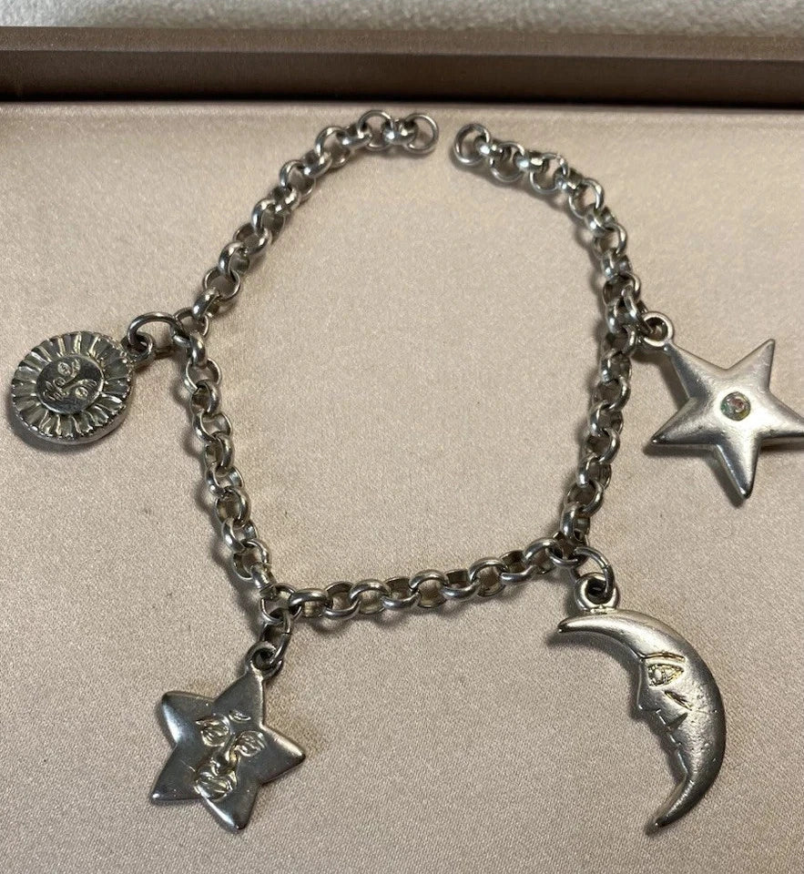 925 Sterling Silver Rolo Link Bracelet 4 Charms: 2 Stars, Moon, Sun Needs Repair