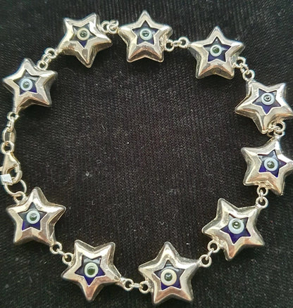 NEW Sterling Silver Bracelet Fancy Stars Blue Eye 925 Good Luck Safe Evel