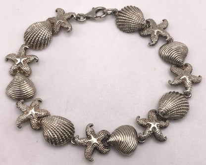 Sterling Silver Textured Seashell Starfish Sea Star Beach Shells Bracelet 7.5"