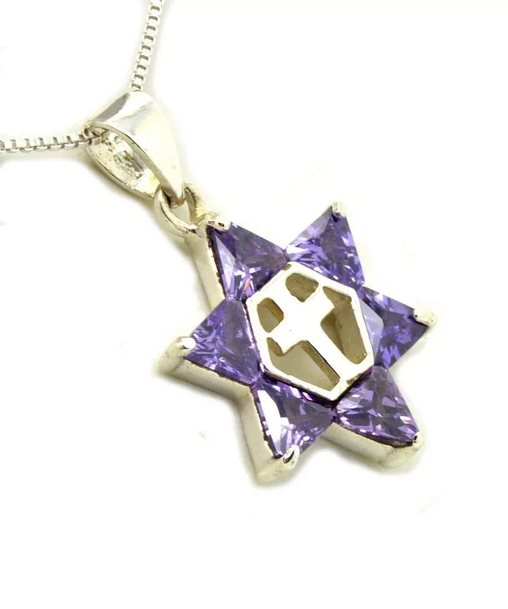 Star of David with the cross pendant purple CZ 925 sterling silver 18" NECKLACE