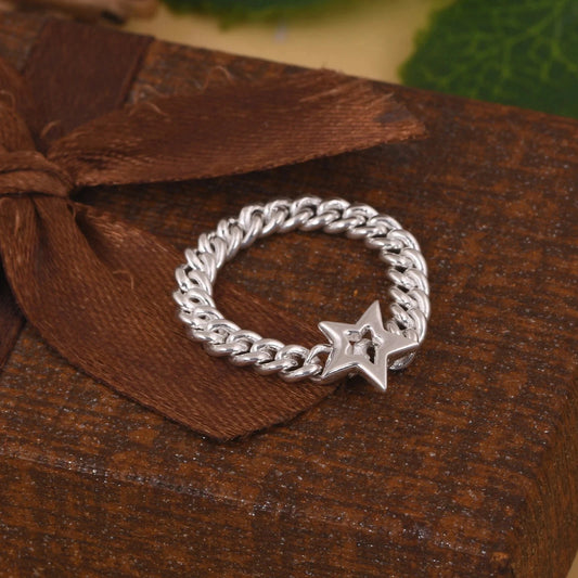 Solid Chain Ring, Oval Link Chain, Silver Chain Band, Star Ring, Cuban Link Ring