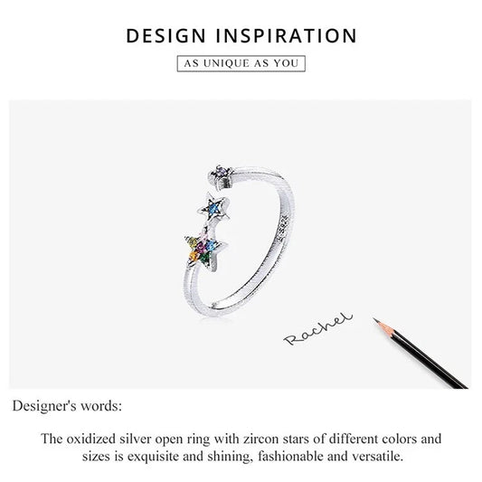 Authentic 925 Sterling Silver European Star open Finger Ring Women Girls Bisaer