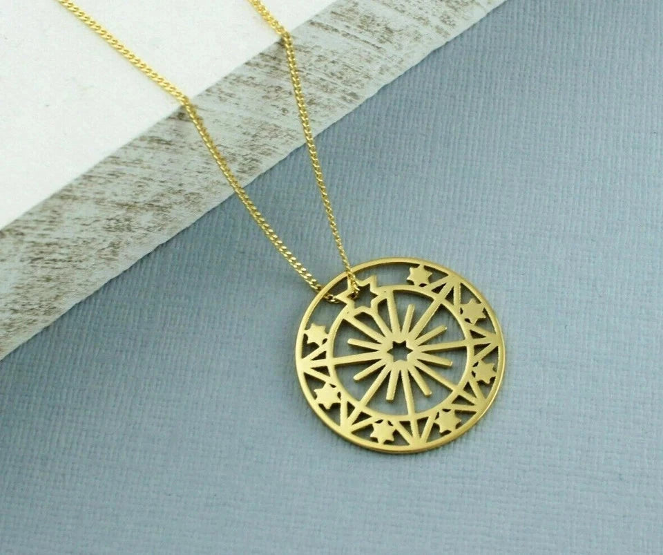 925 Sterling Silver Sun & Stars Disc Pendant Necklace