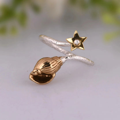925 Sterling Silver Star And Shell Rings Gold Plated Shell Adjustable Ring