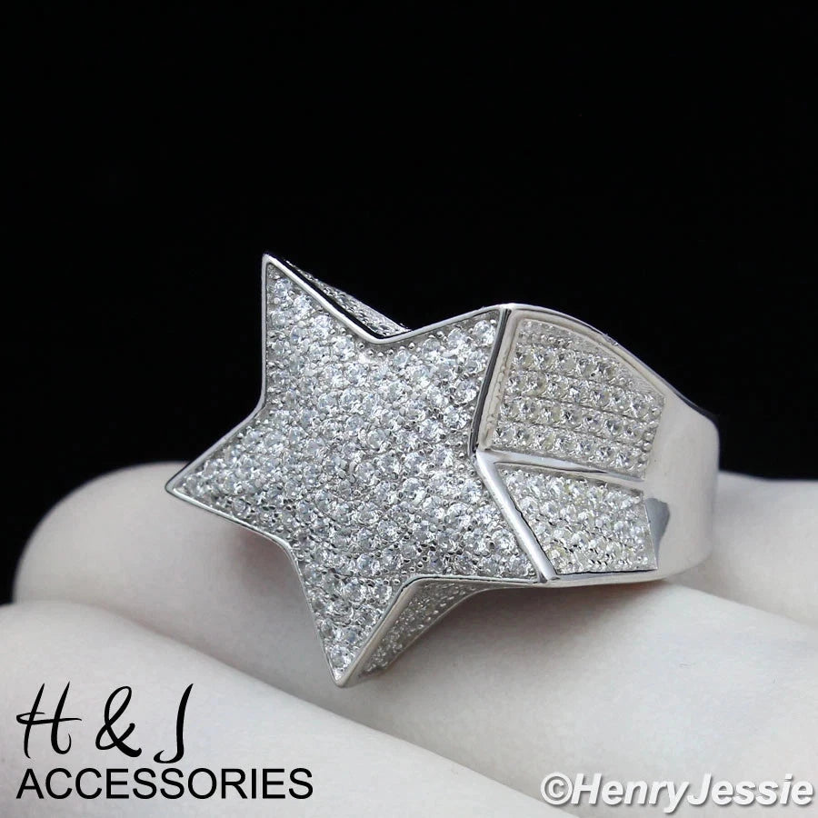 MEN SOLID 925 STERLING SILVER ICY BLING CZ 3D STAR SHAPE RING*ASR107