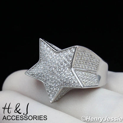 MEN SOLID 925 STERLING SILVER ICY BLING CZ 3D STAR SHAPE RING*ASR107