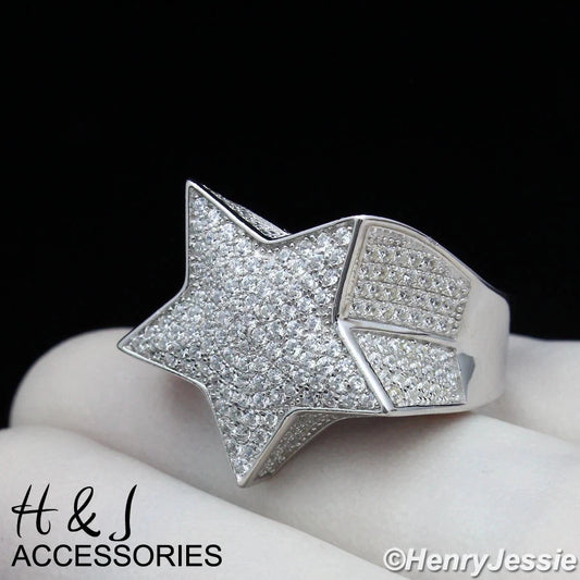 MEN SOLID 925 STERLING SILVER ICY BLING CZ 3D STAR SHAPE RING*ASR107
