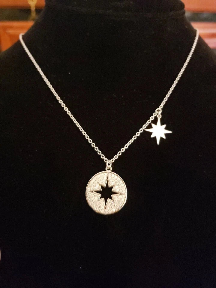 Sterling Silver STARBURST Necklace With Hanging Charm, Cubic Zirconia, NEW