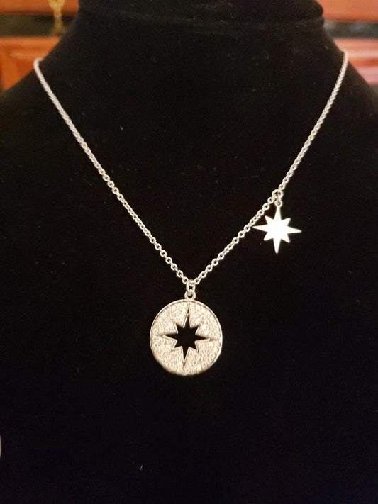 Sterling Silver STARBURST Necklace With Hanging Charm, Cubic Zirconia, NEW
