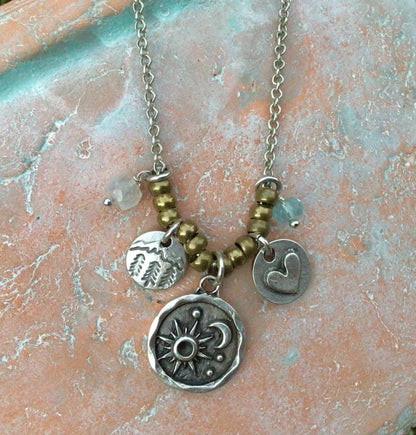 AQUAMARINE MOONSTONE SUNDANCE CHARM NECKLACE ARTISAN OXIDIZED SILVER JEWELRY NEW