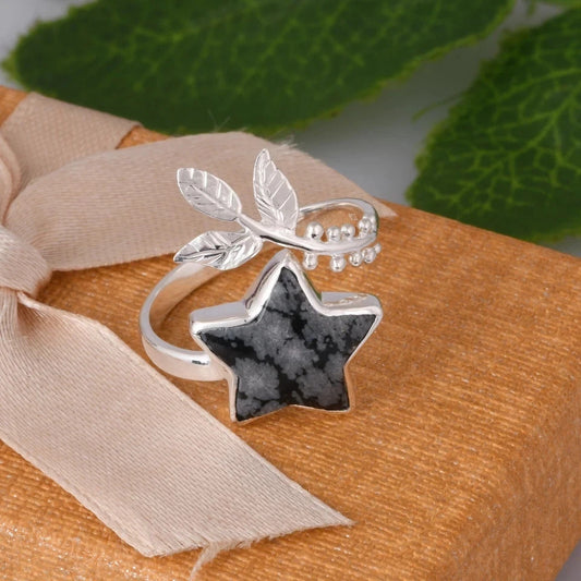 Moonflower / Star Cosmic Connect Snowflake Obsidian With Olive Leaf Silver Ring