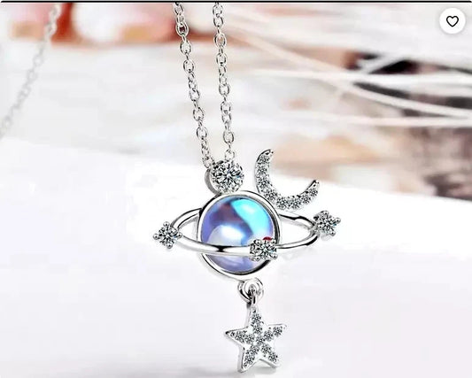 CZ CELESTIAL STAR MOON GALAXY Pendant On 22" 925 Sterling Silver Necklace Women