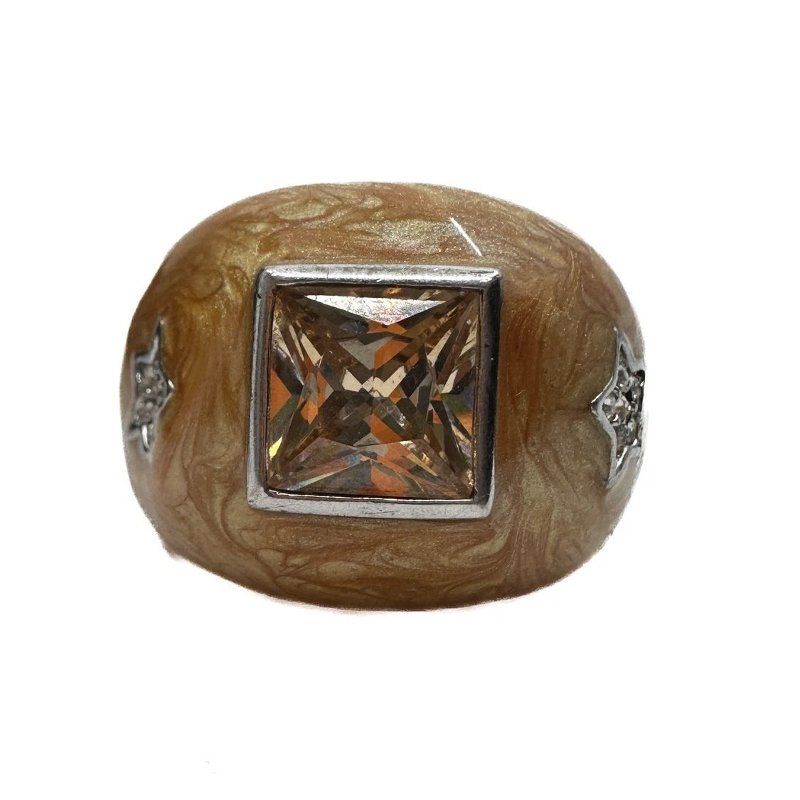 Bold Sterling Silver Statement Ring w/Stars & Princess Cut Stone 925 LGA Sz 8.5