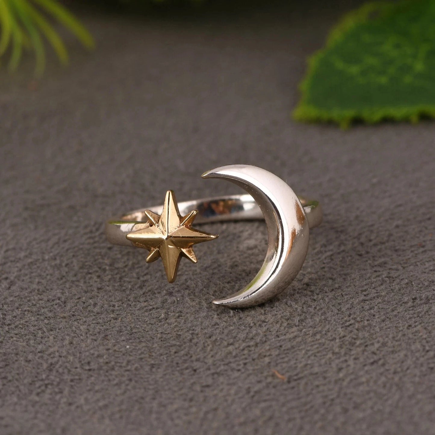 Handmade Crescent Moon & Star 925 Silver Gold Plated Ring For Christmas Gift