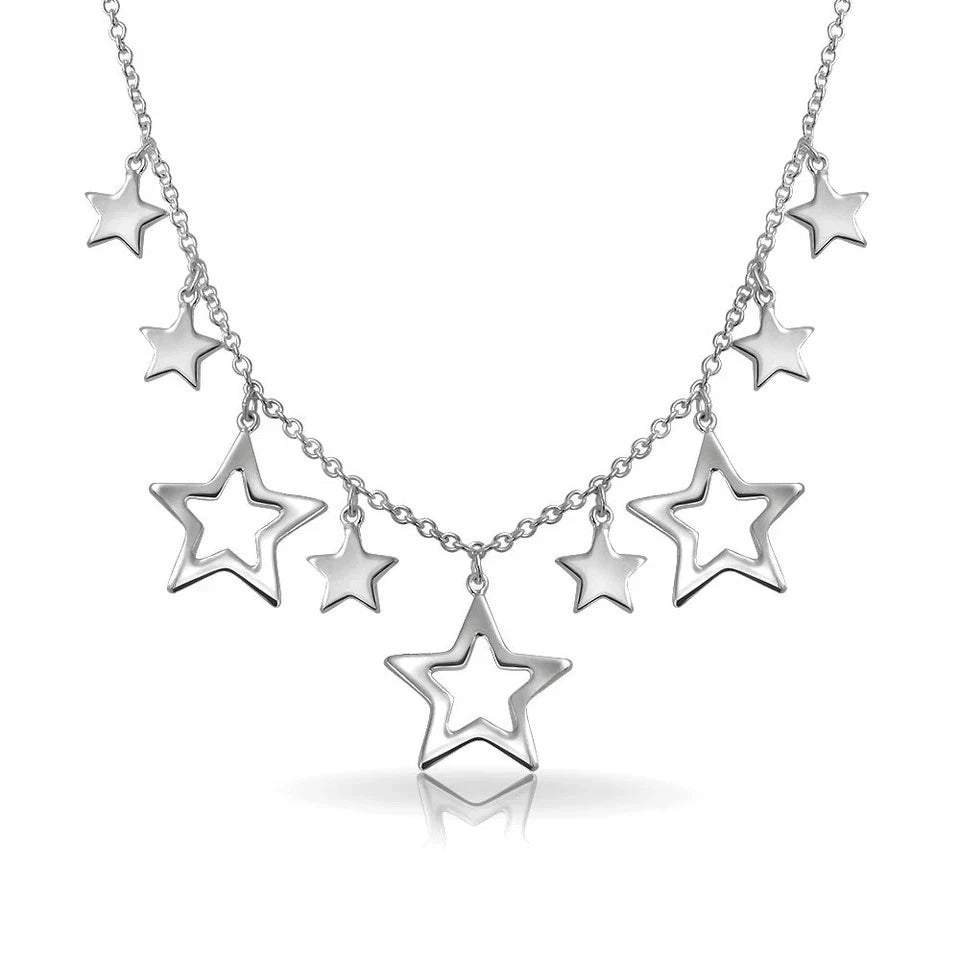 Celestial USA Patriotic Star Bib Statement Collar Necklace in Sterling Silver