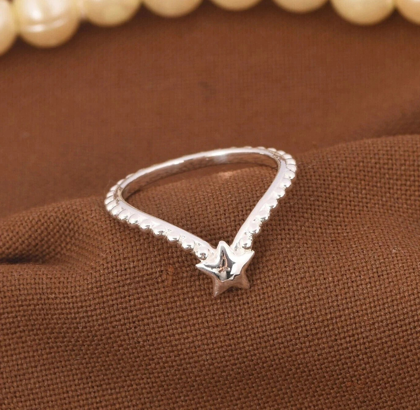 Minimalist Dotted Band Chevron Ring With Tiny Star In Sterling Silver For Gift