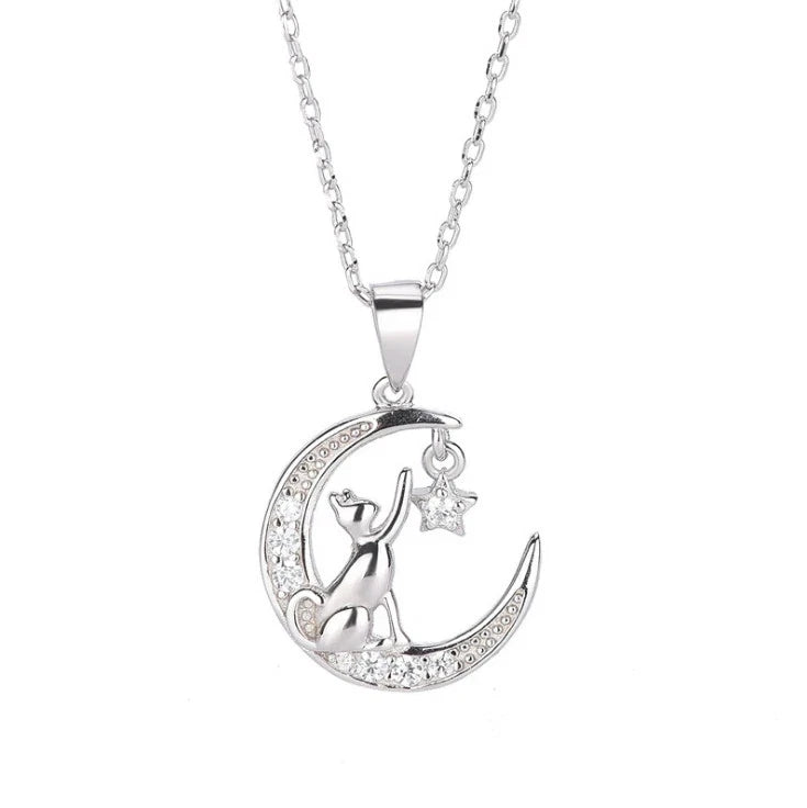 Crescent Moon Cat CZ Star Pendant Necklace 925 Sterling Silver Jewelry Women K77