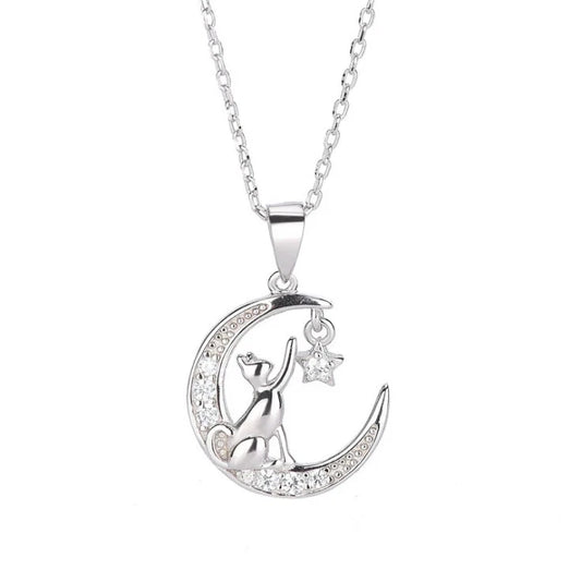 Crescent Moon Cat CZ Star Pendant Necklace 925 Sterling Silver Jewelry Women K77