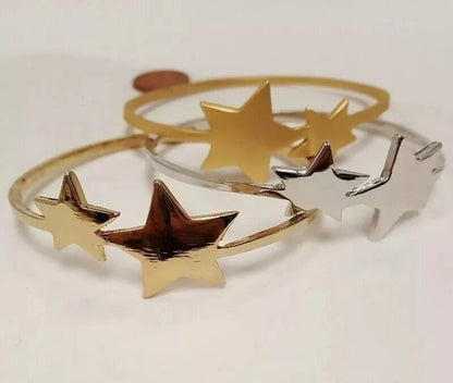 DUAL STAR SHINY GOLD, BRUSHED GOLD & SILVER 3 BANGLE BRACELET MATCHING SET V202
