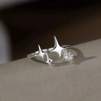 Genuine 925 Sterling Silver Triple Star Adjustable Tassel Ring (Size 6-7)