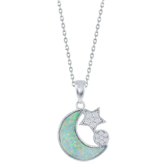 Women's Necklace Sterling Silver White Opal ad CZ Moon and Star M-6863