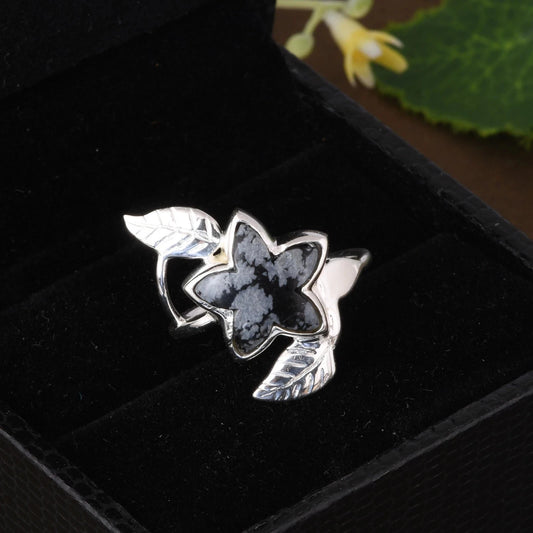 Designer Star Shape Snowflake Obsidian With Olive Leaf Silver Engagement Ring