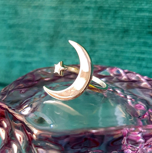 925 Solid Sterling Silver Jewelry Star Moon Shape Adjustable Ring