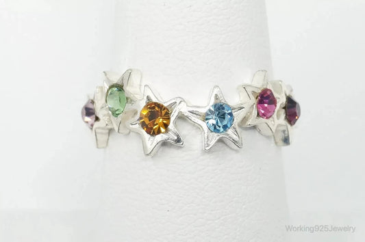 Vintage Multi Color Crystals Stars Sterling Silver Ring - Size 7.25