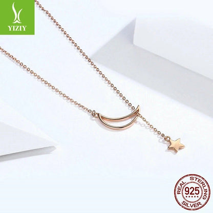 Authentic Moon Star 925 Sterling Silver Necklace Women Chain Rose Gold Jewelry