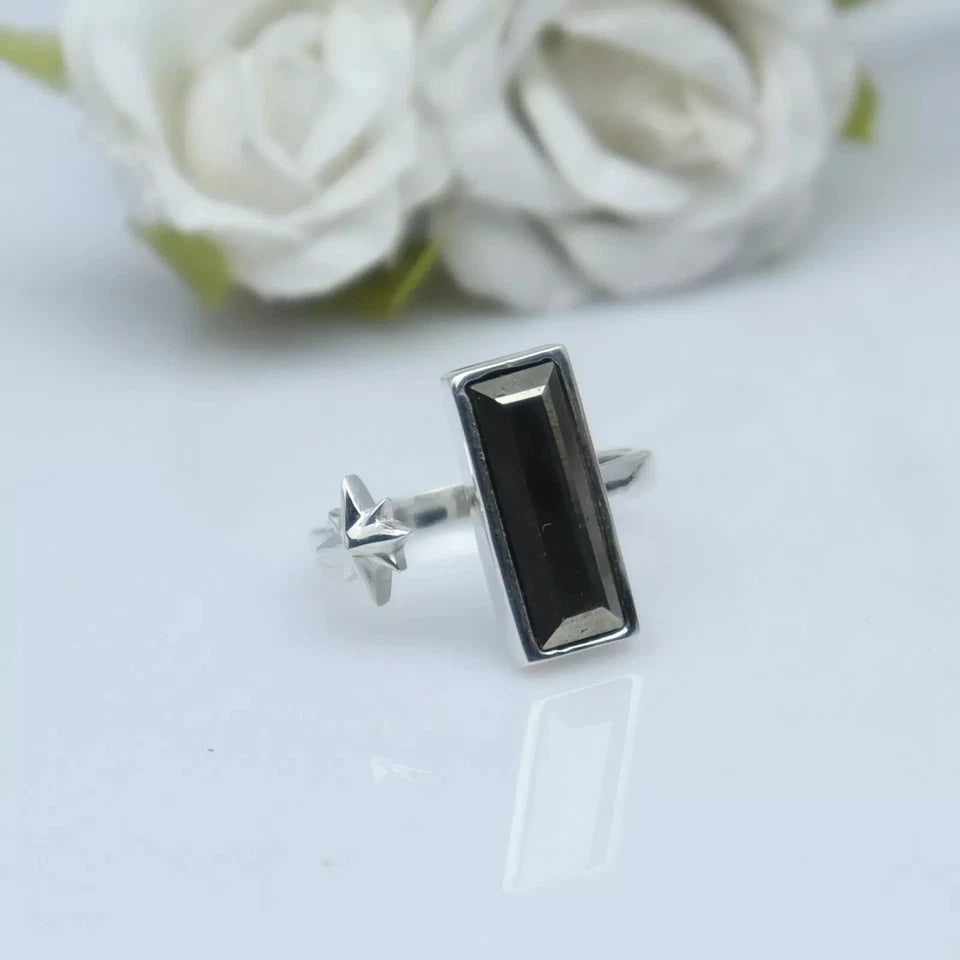 Natural Pyrite Adjustable Ring In Sterling Silver With Star For Christmas Gift
