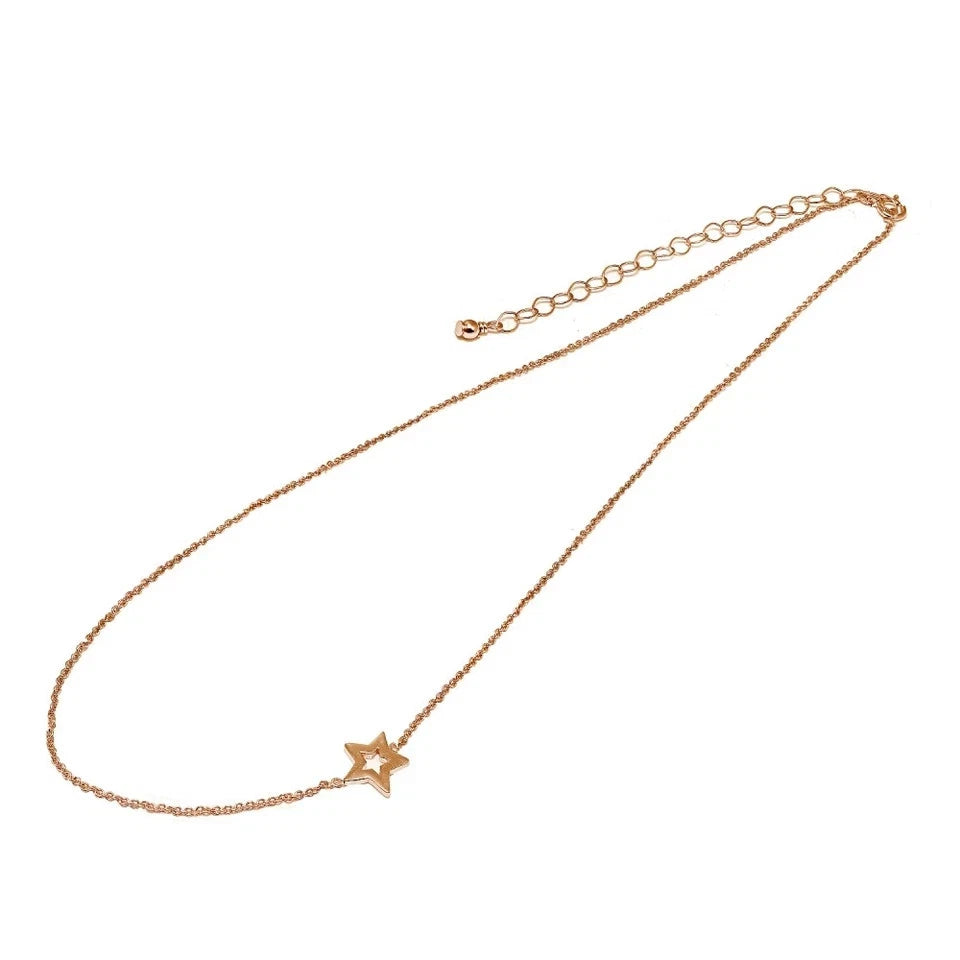 Polished Open Star Sideways Chain Necklace in Gold Plated Sterling Silver