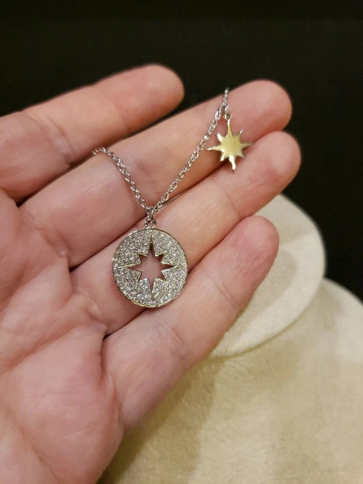 Sterling Silver STARBURST Necklace With Hanging Charm, Cubic Zirconia, NEW