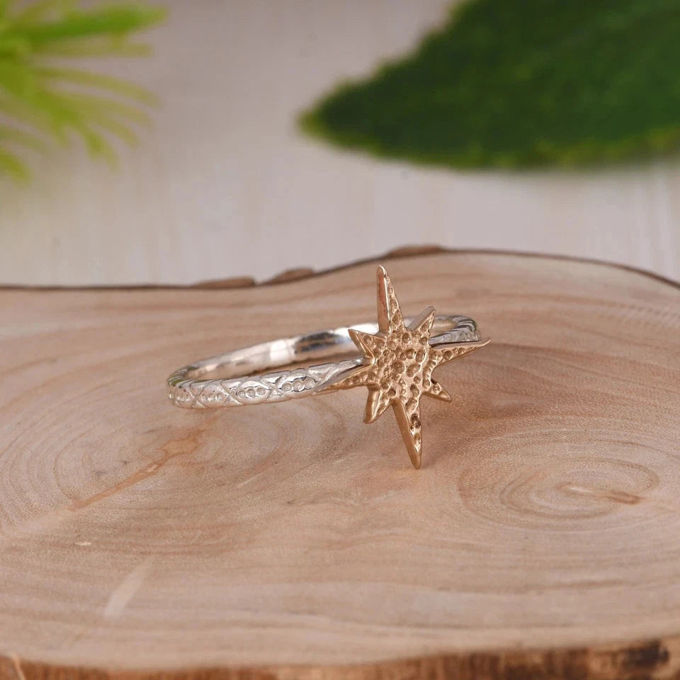 Handmade Textured Design 925 Sterling Silver & Gold Plated With Star Shape Ring
