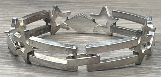 Vintage Sterling 925 Openwork Stars Open Rectangle Bar Link Bracelet 30G 7.25''