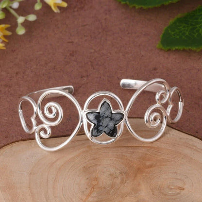 Designer Authentic Heart Silver Cuff Bangle With Star Shape Snowflake Obsidian