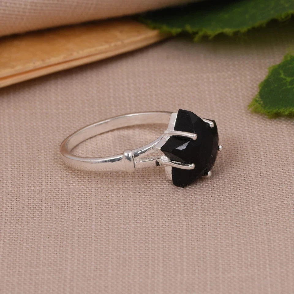 Gorgeous Star Black Onyx 925 Sterling Silver Prong Set Engagement Ring For Gift