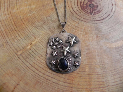 Blue Goldstone & Sterling Silver Pendant w STARS design on Silver Necklace 18.5"