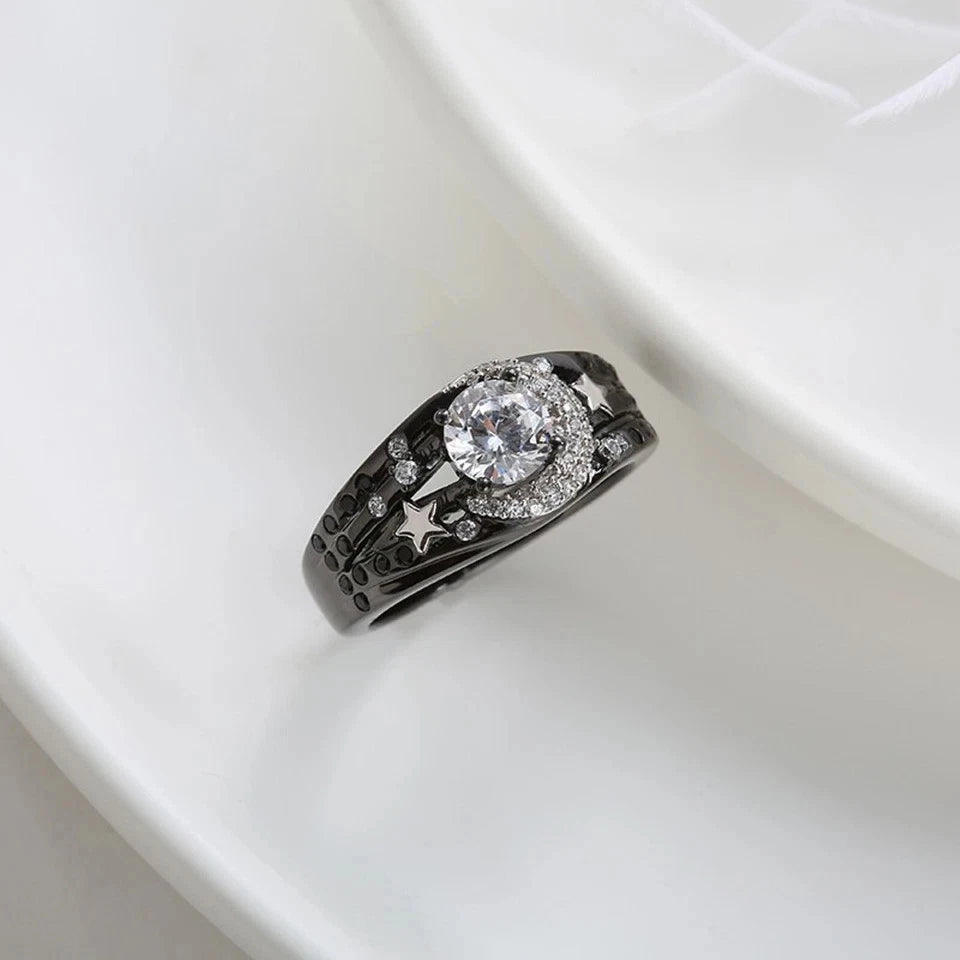 Gothic Moon Star Wedding Band Unique Moon Ring Women Round Cut Engagement Rings