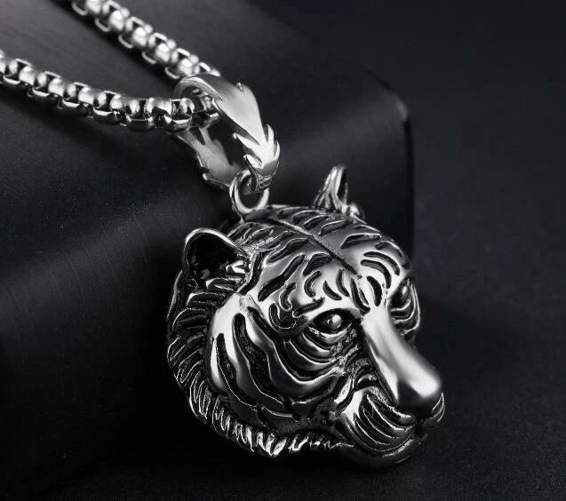 Gothic Men's Stainless Steel Solid Tiger Head Pendant Chain Necklace Casting 24'