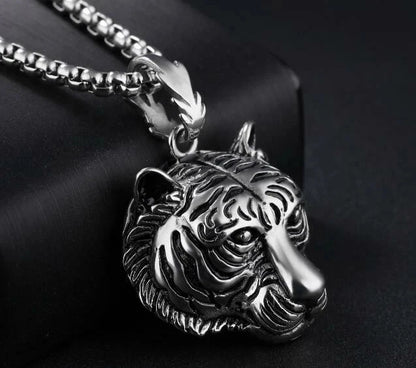 Gothic Men's Stainless Steel Solid Tiger Head Pendant Chain Necklace Casting 24'