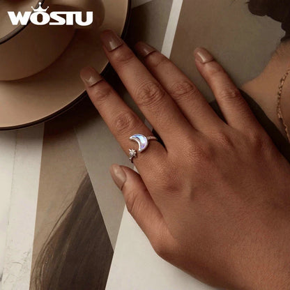 Wostu 925 Sterling Silver Moon star Open Finger Wedding Ring Women Gift Jewelry